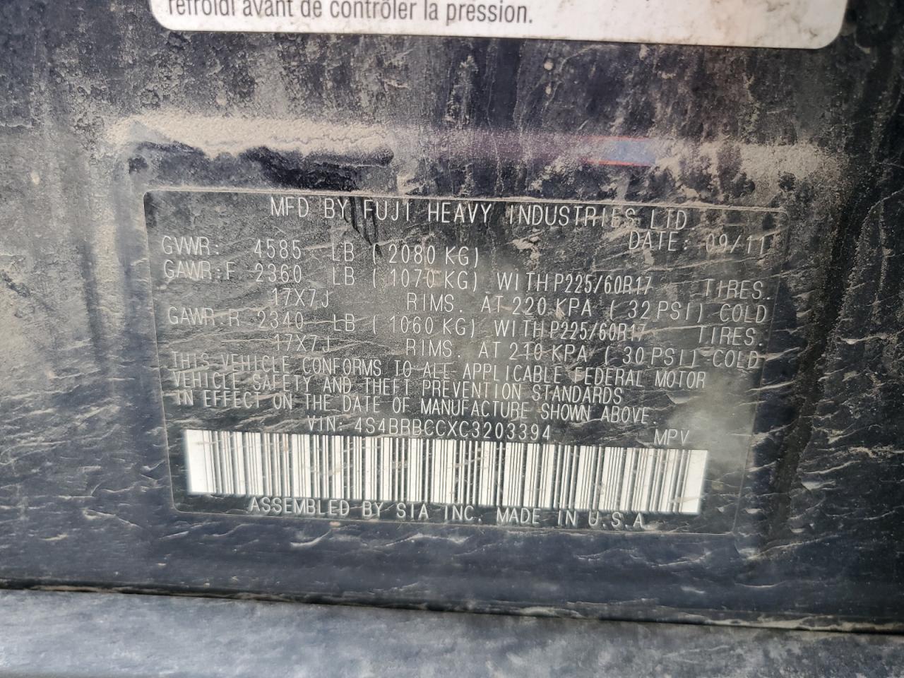 4S4BRBCCXC3203394 2012 Subaru Outback 2.5I Premium