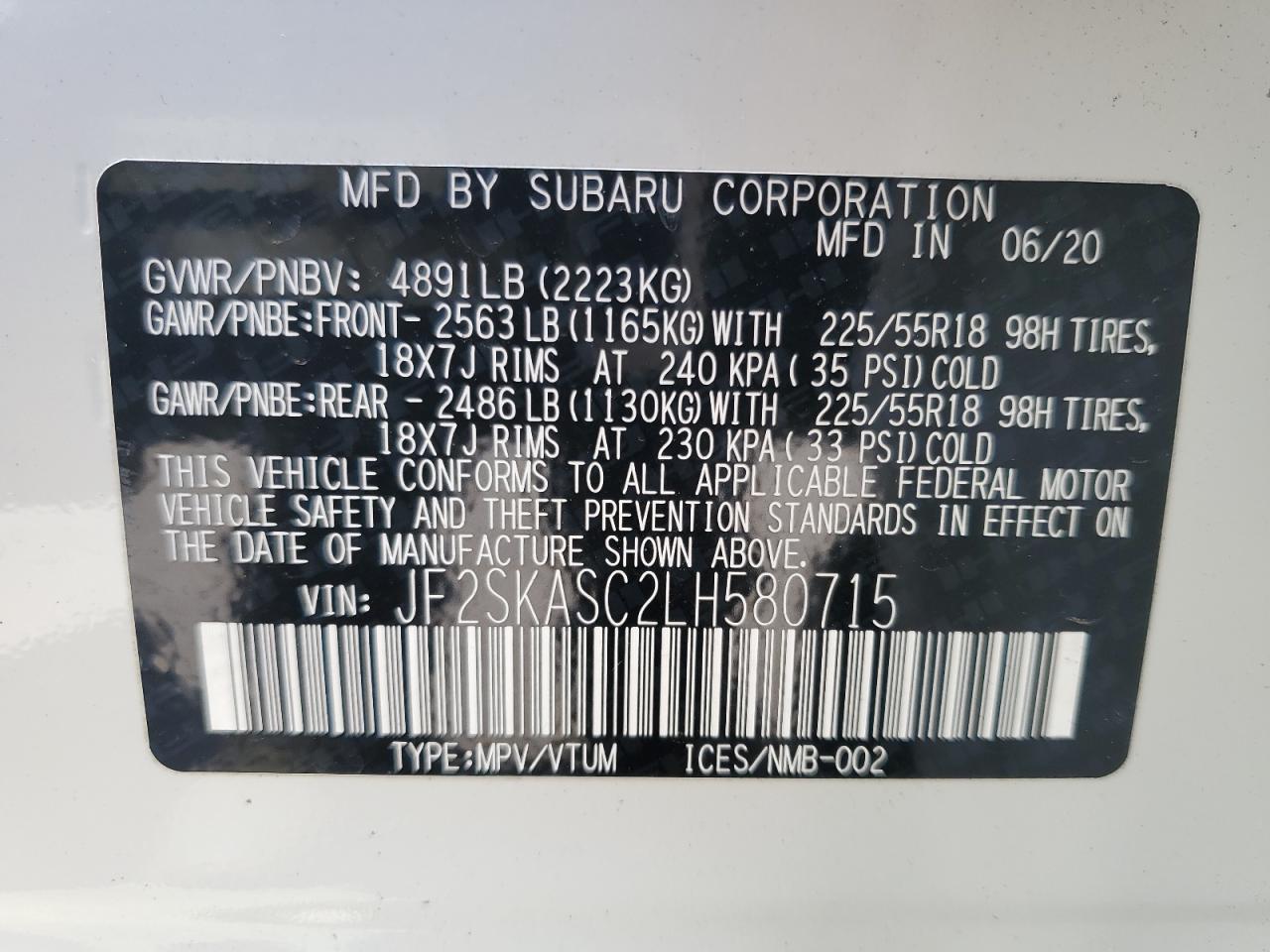 JF2SKASC2LH580715 2020 Subaru Forester Limited