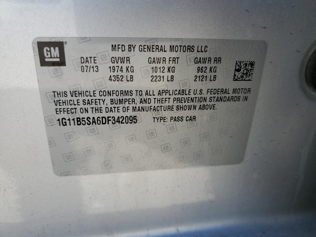 1G11B5SA6DF342095 2013 Chevrolet Malibu Ls