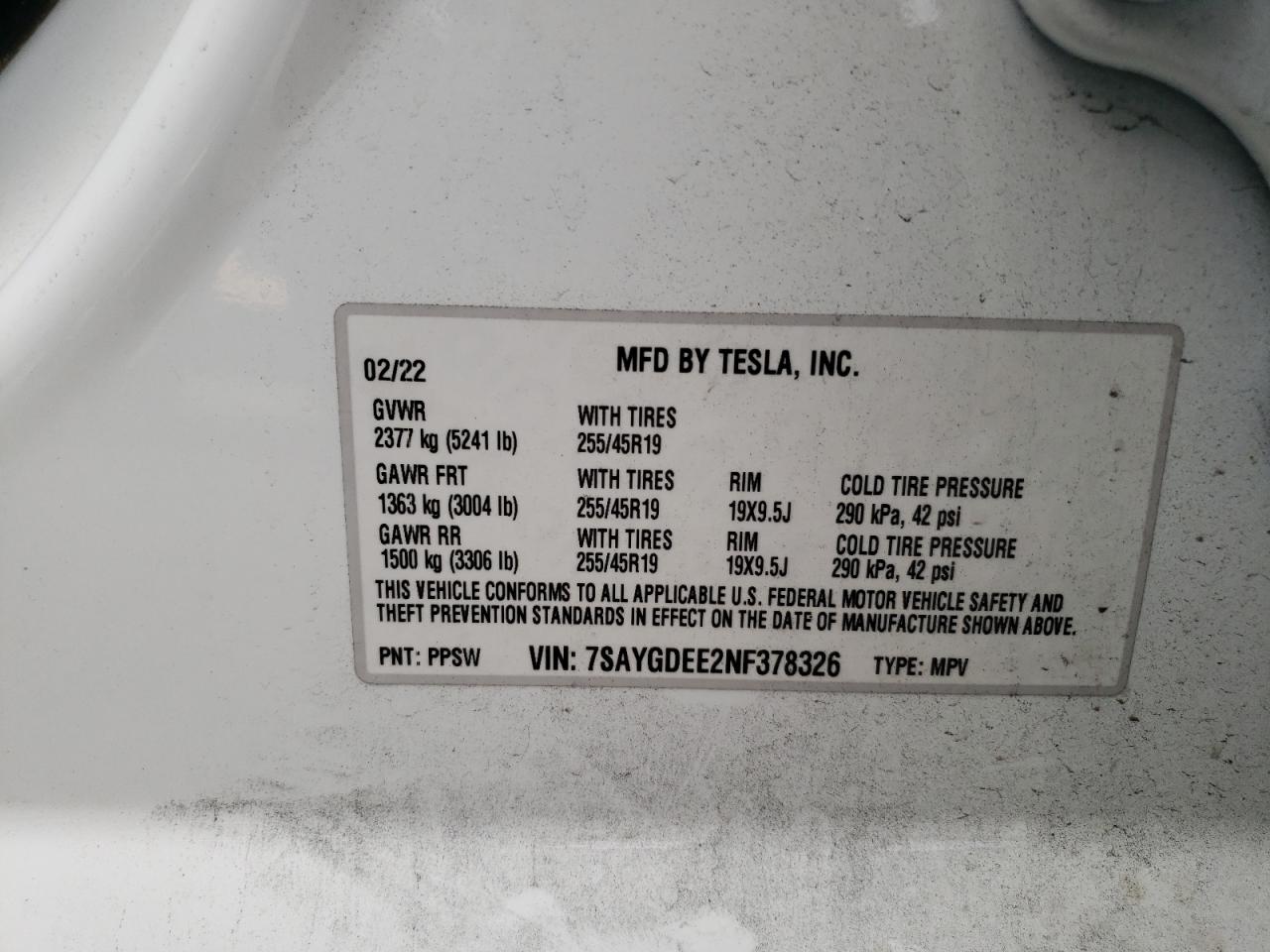 7SAYGDEE2NF378326 2022 Tesla Model Y