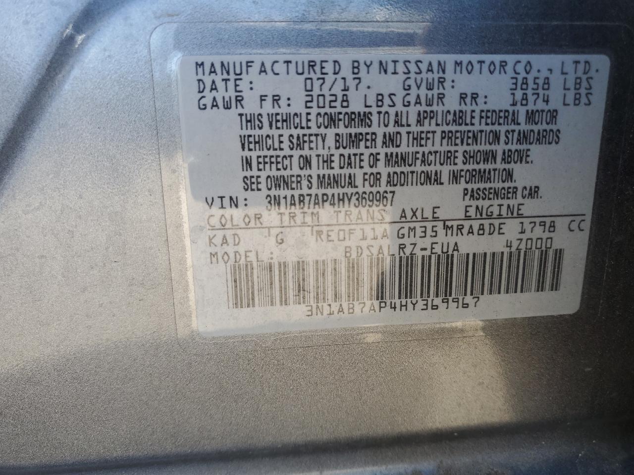 3N1AB7AP4HY369967 2017 Nissan Sentra S