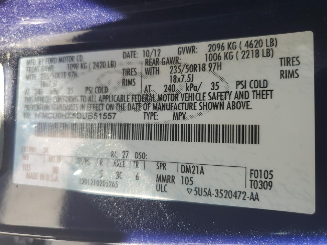 1FMCU0HX5DUB51557 2013 Ford Escape Sel