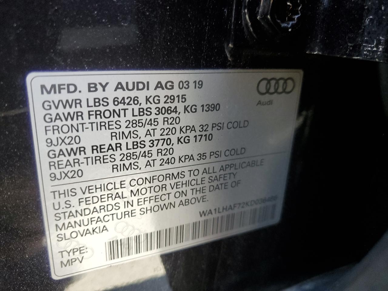 WA1LHAF72KD036486 2019 Audi Q7 Premium Plus