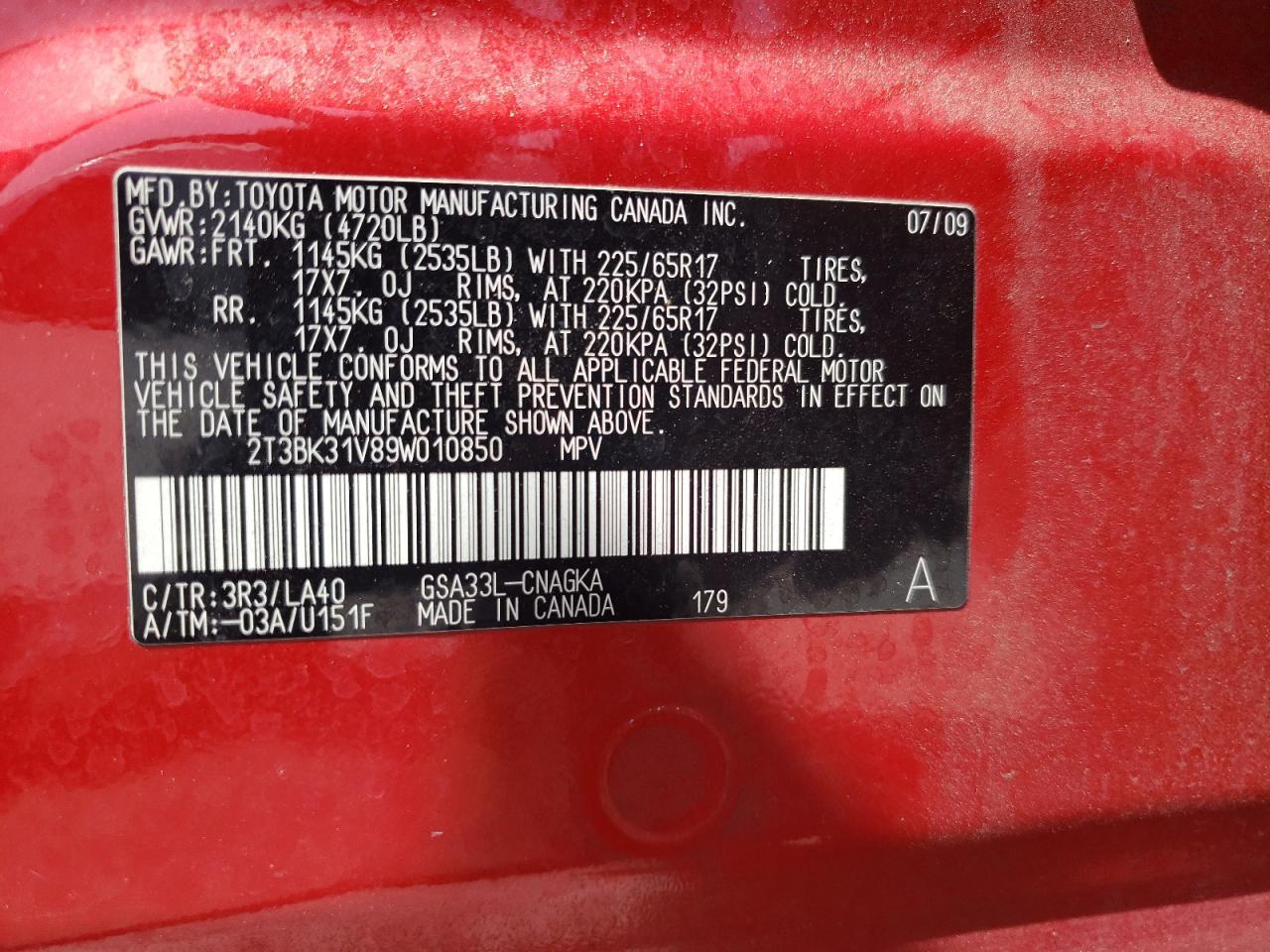 2T3BK31V89W010850 2009 Toyota Rav4 Limited