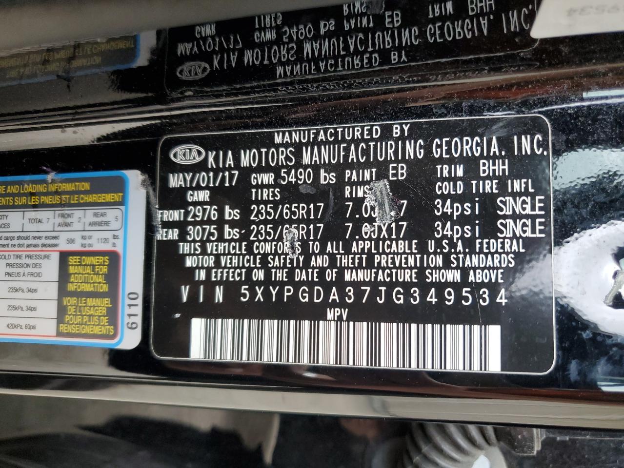 5XYPGDA37JG349534 2018 Kia Sorento Lx