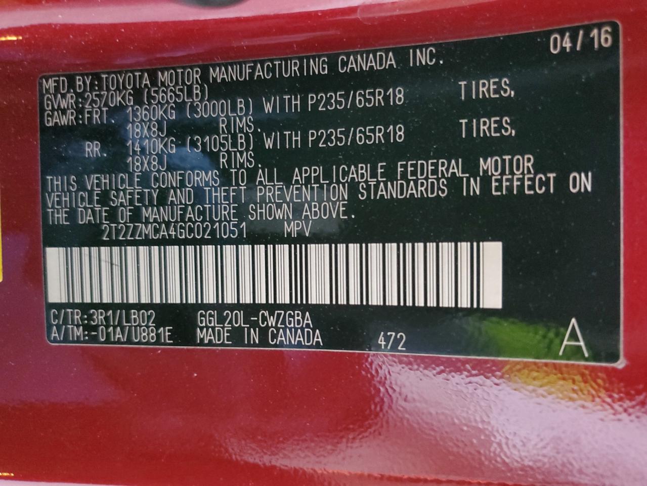 2T2ZZMCA4GC021051 2016 Lexus Rx 350