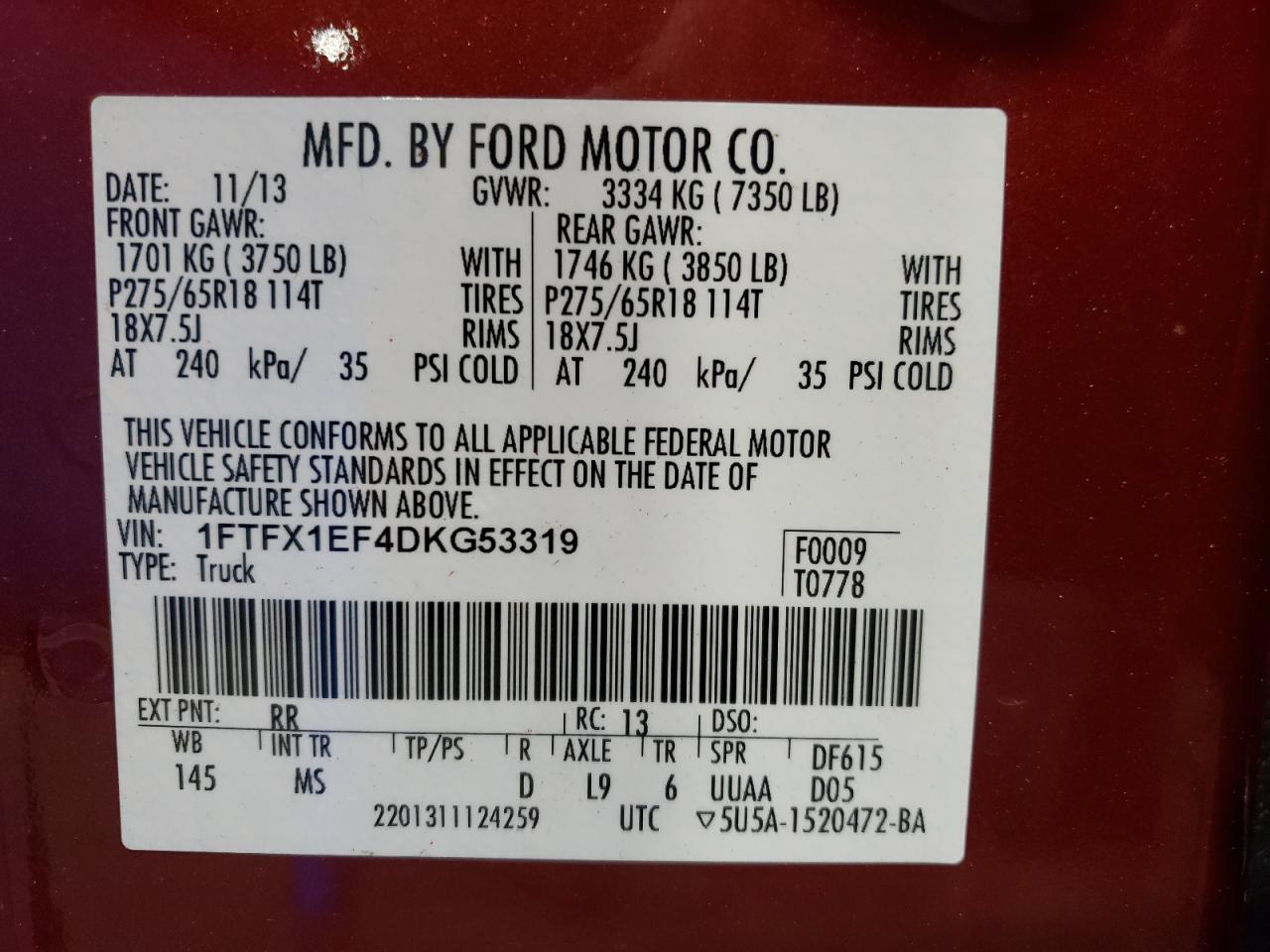 1FTFX1EF4DKG53319 2013 Ford F150 Super Cab