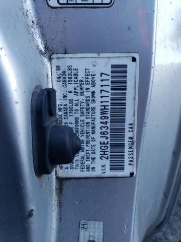 1998 Honda Civic Dx VIN: 2HGEJ6349WH117117 Lot: 54618234