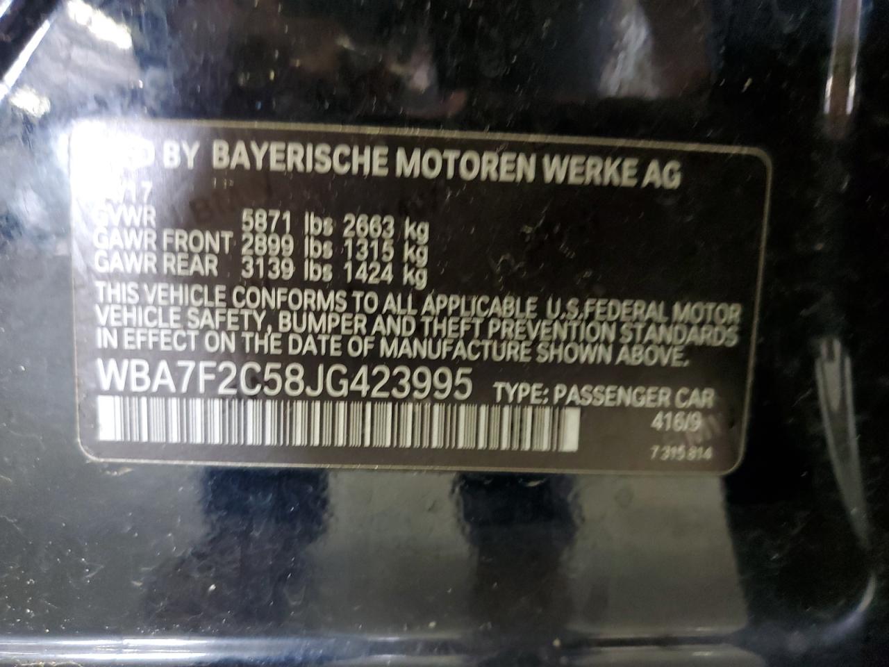 WBA7F2C58JG423995 2018 BMW 750 Xi