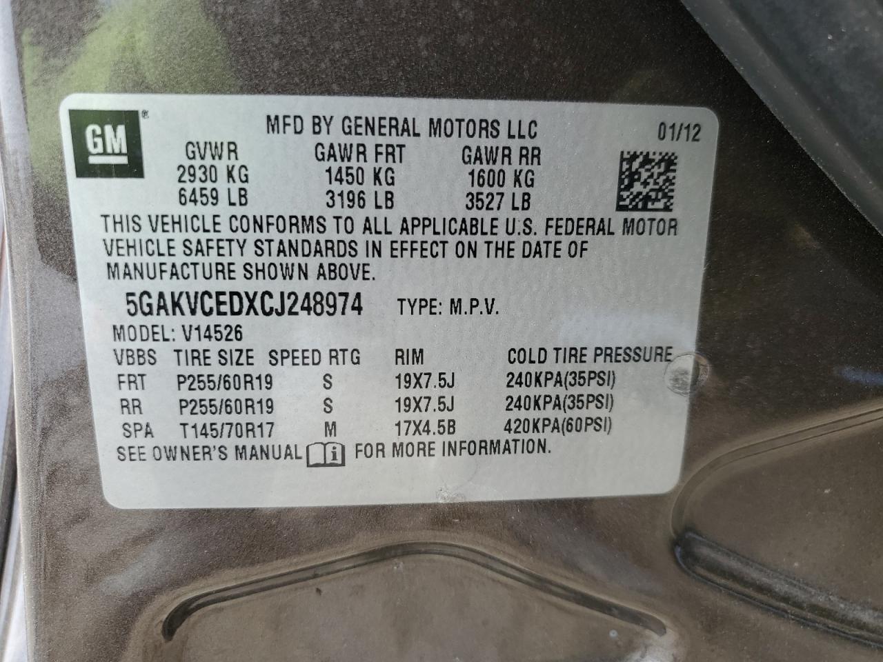 5GAKVCEDXCJ248974 2012 Buick Enclave