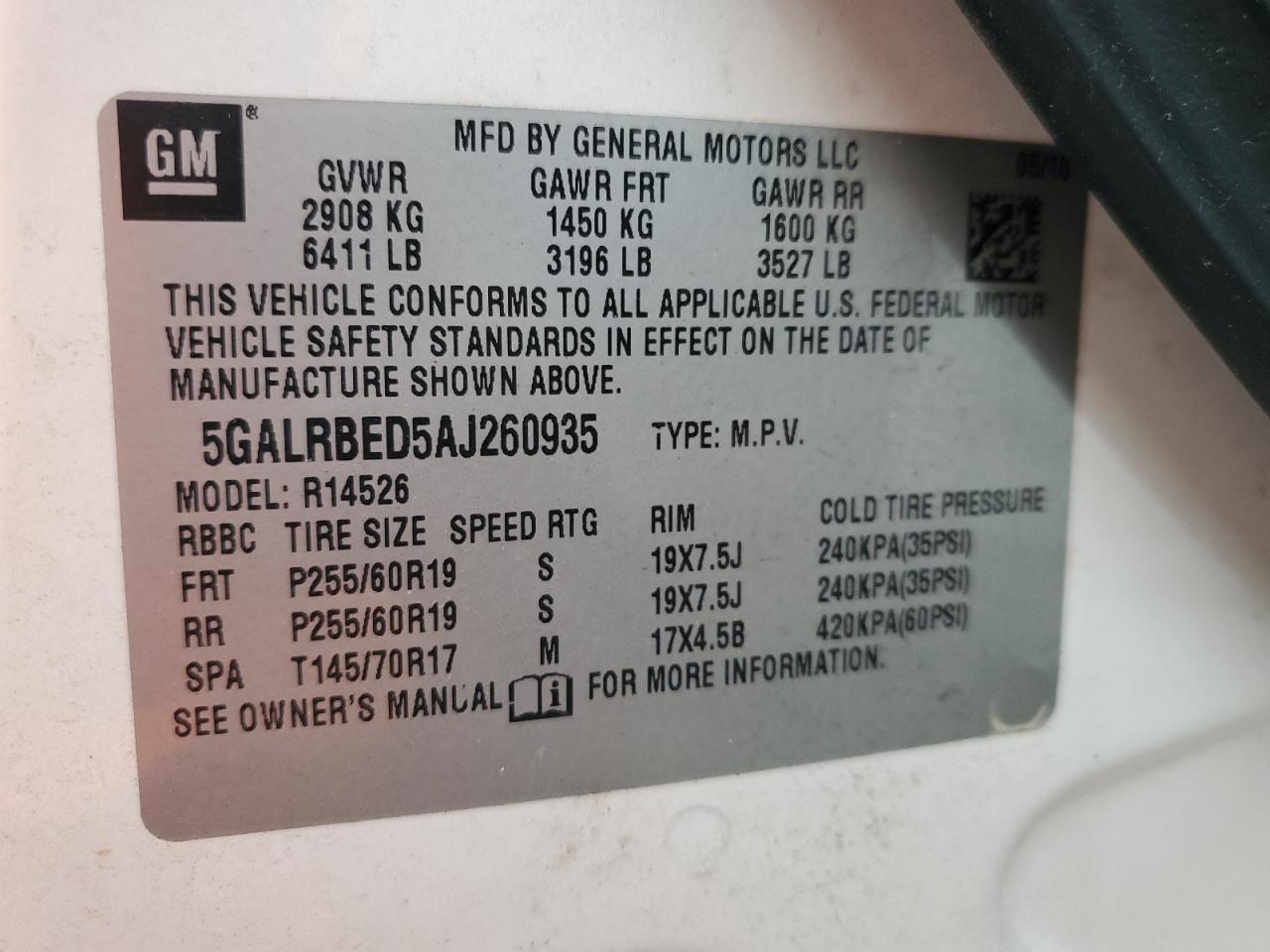 5GALRBED5AJ260935 2010 Buick Enclave Cxl