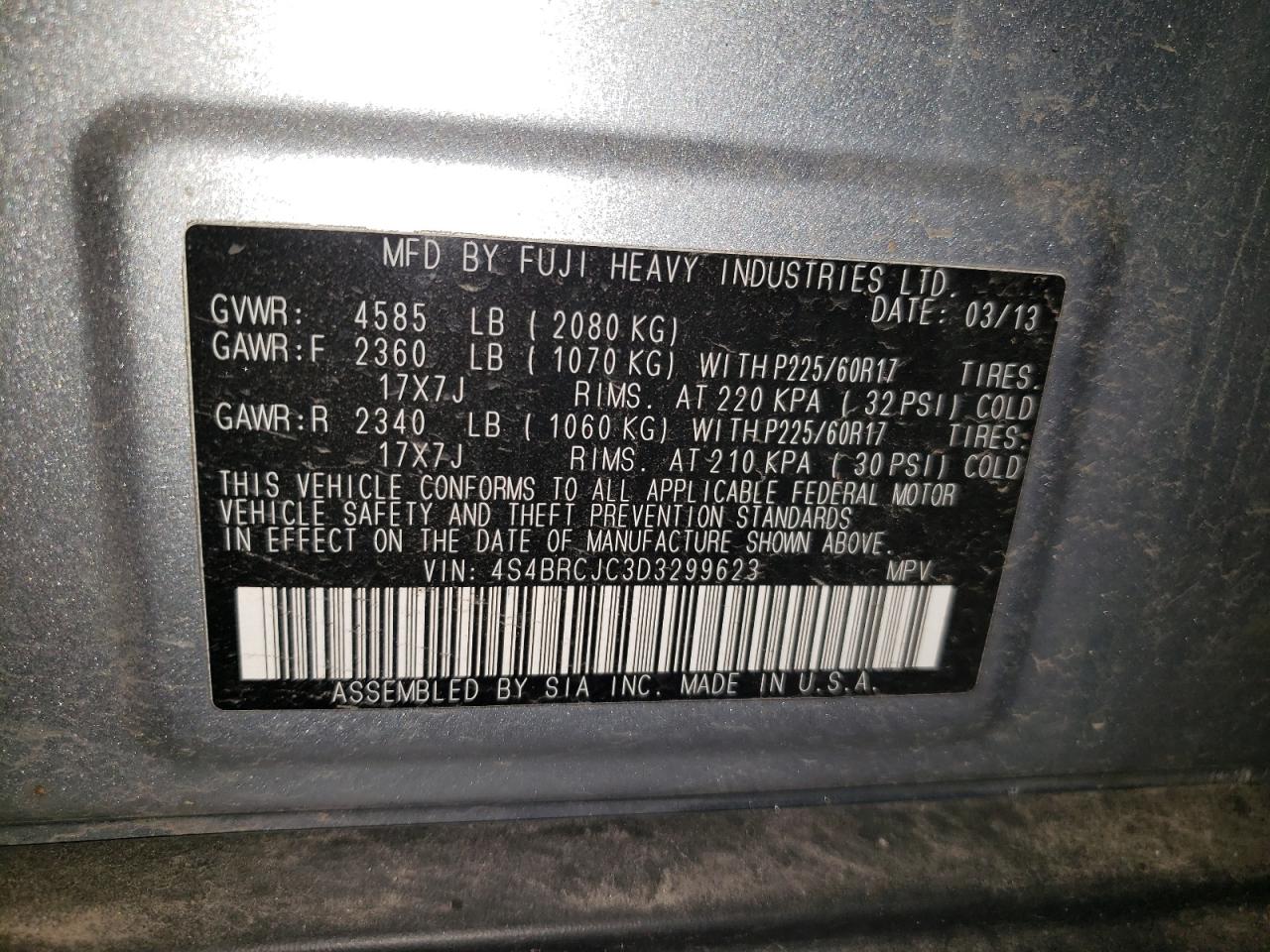 4S4BRCJC3D3299623 2013 Subaru Outback 2.5I Limited