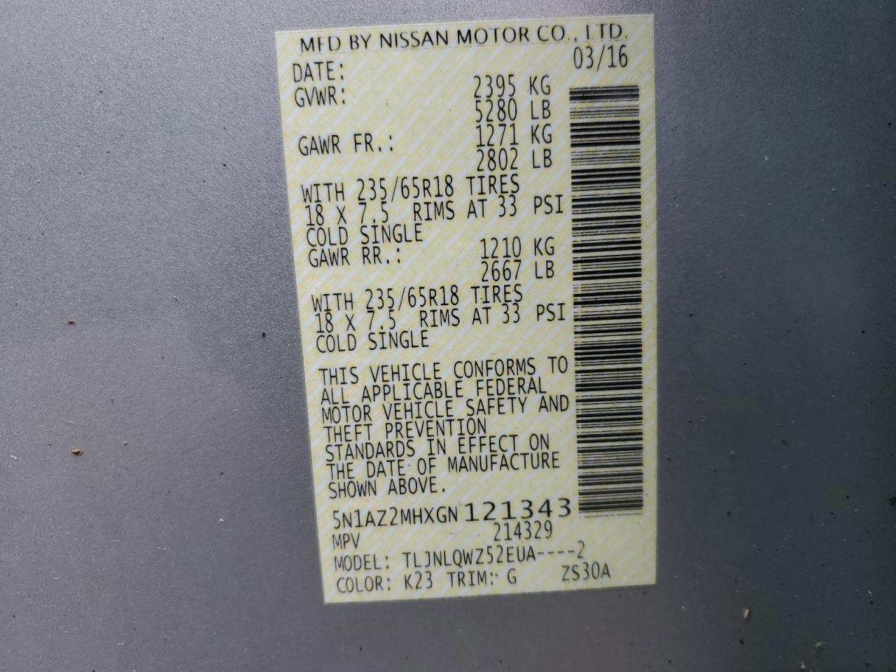5N1AZ2MHXGN121343 2016 Nissan Murano S