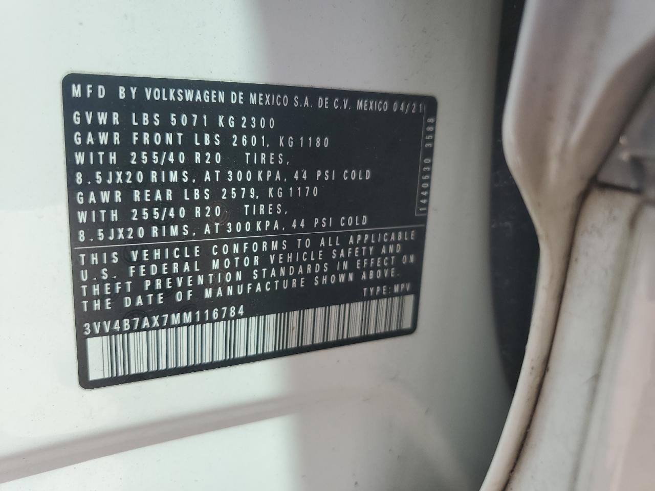 3VV4B7AX7MM116784 2021 Volkswagen Tiguan Sel Premium R-Line