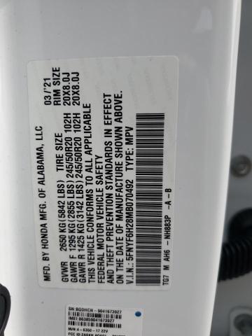 2021 Honda Pilot Se VIN: 5FNYF6H28MB070492 Lot: 53928194