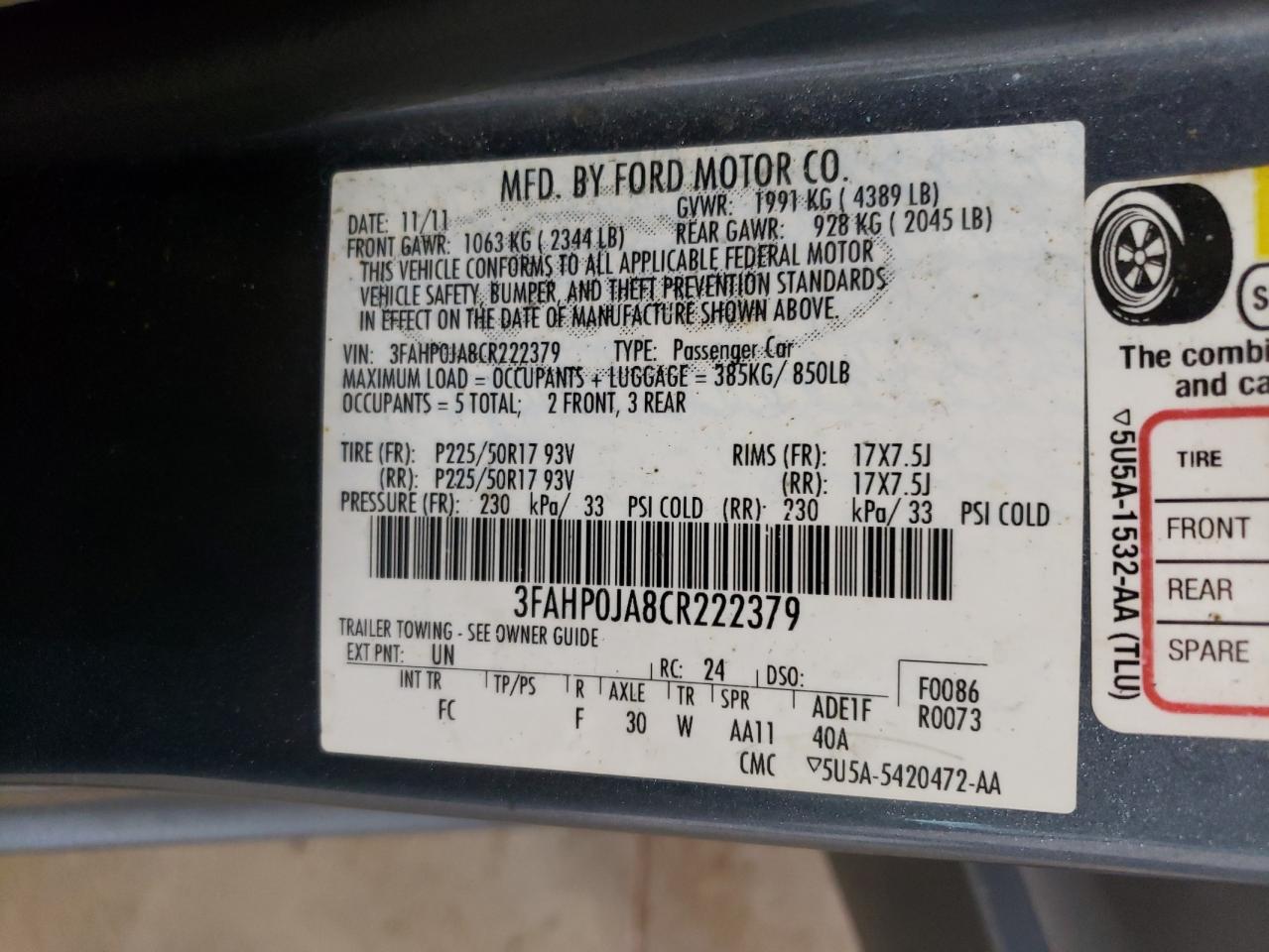 3FAHP0JA8CR222379 2012 Ford Fusion Sel