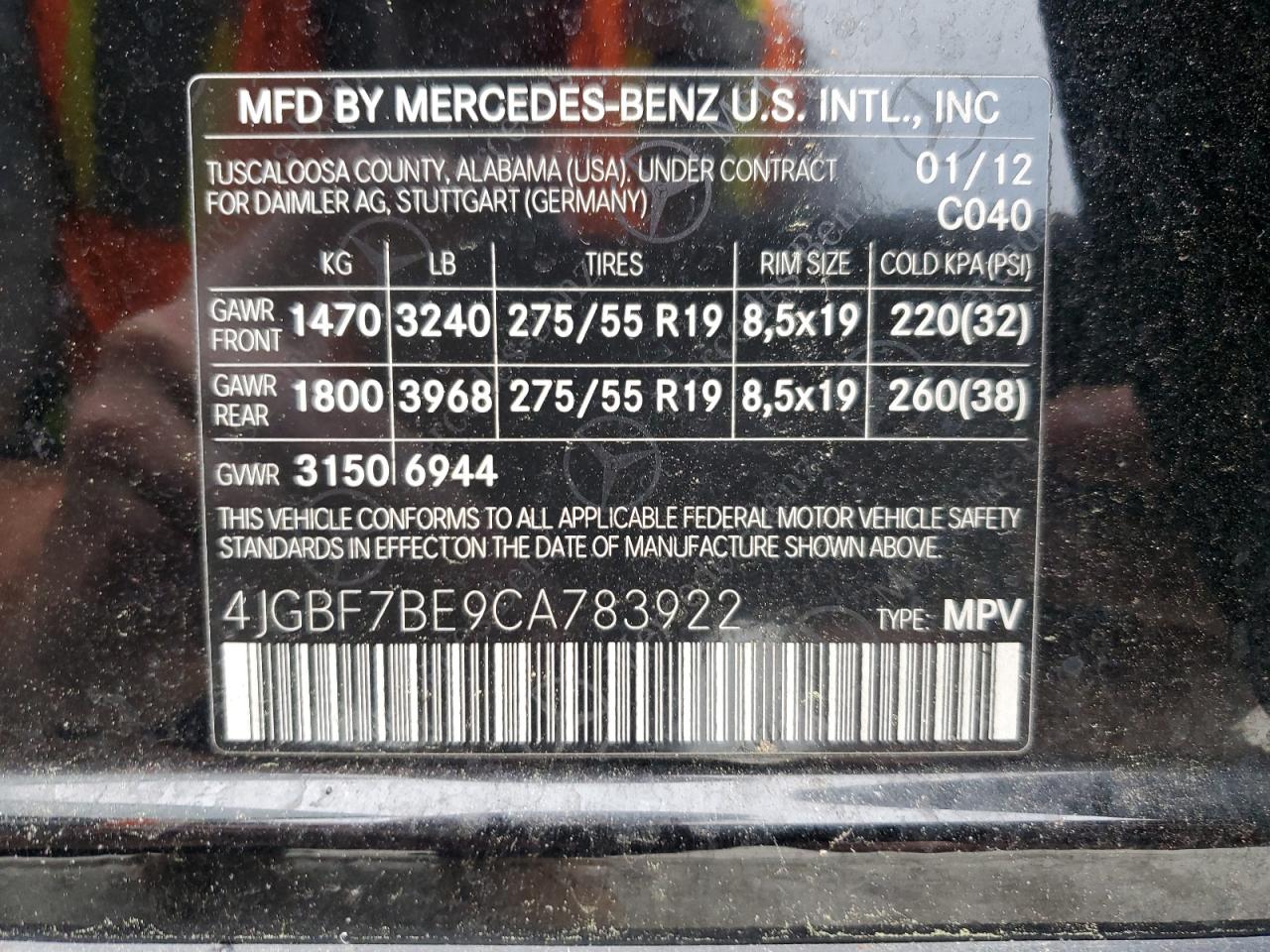 4JGBF7BE9CA783922 2012 Mercedes-Benz Gl 450 4Matic