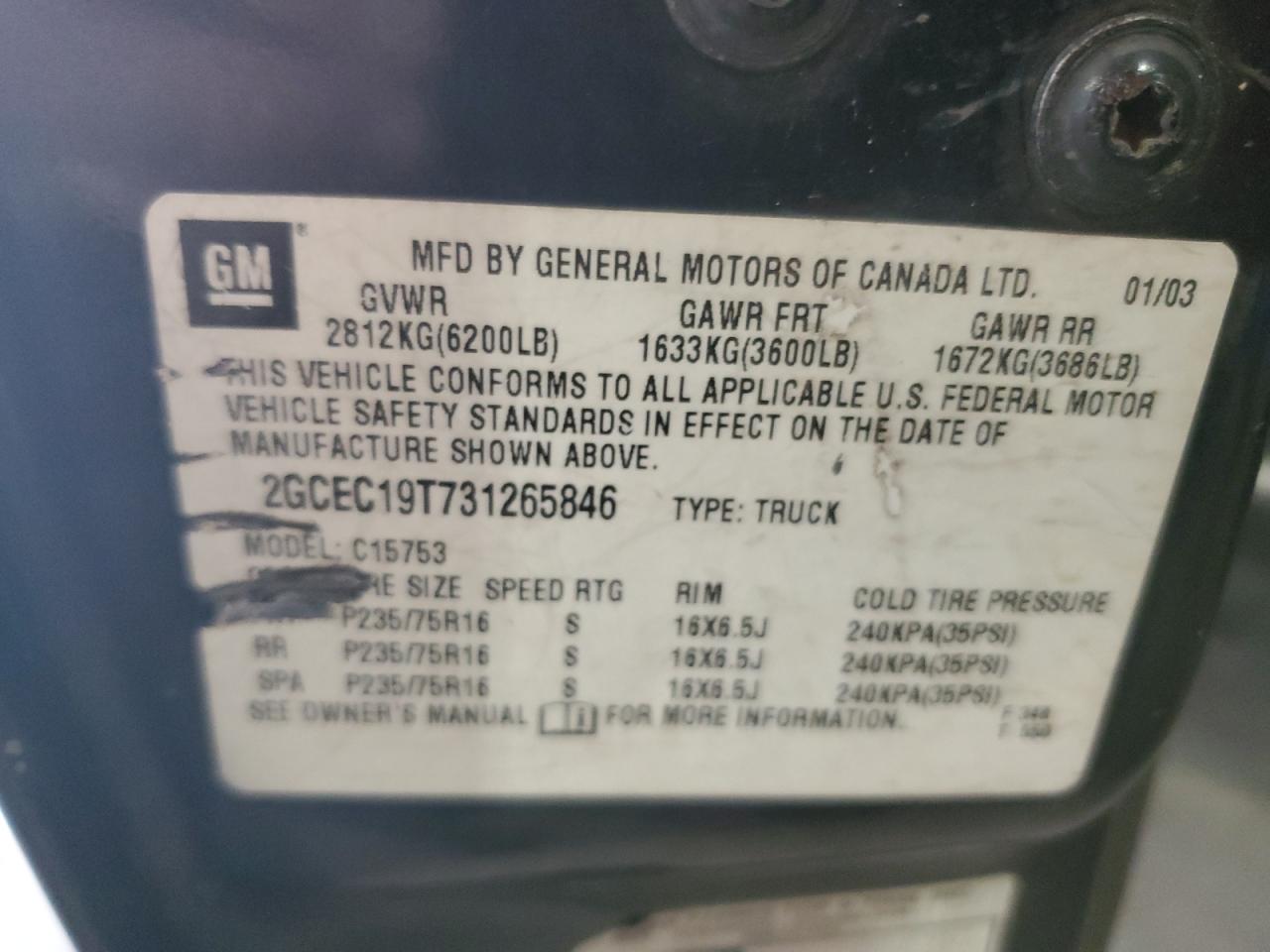 2GCEC19T731265846 2003 Chevrolet Silverado C1500