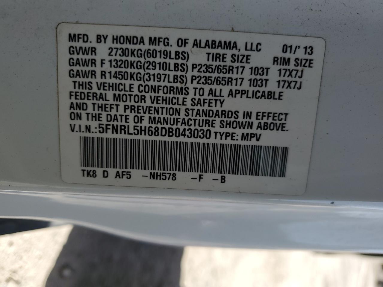 5FNRL5H68DB043030 2013 Honda Odyssey Exl