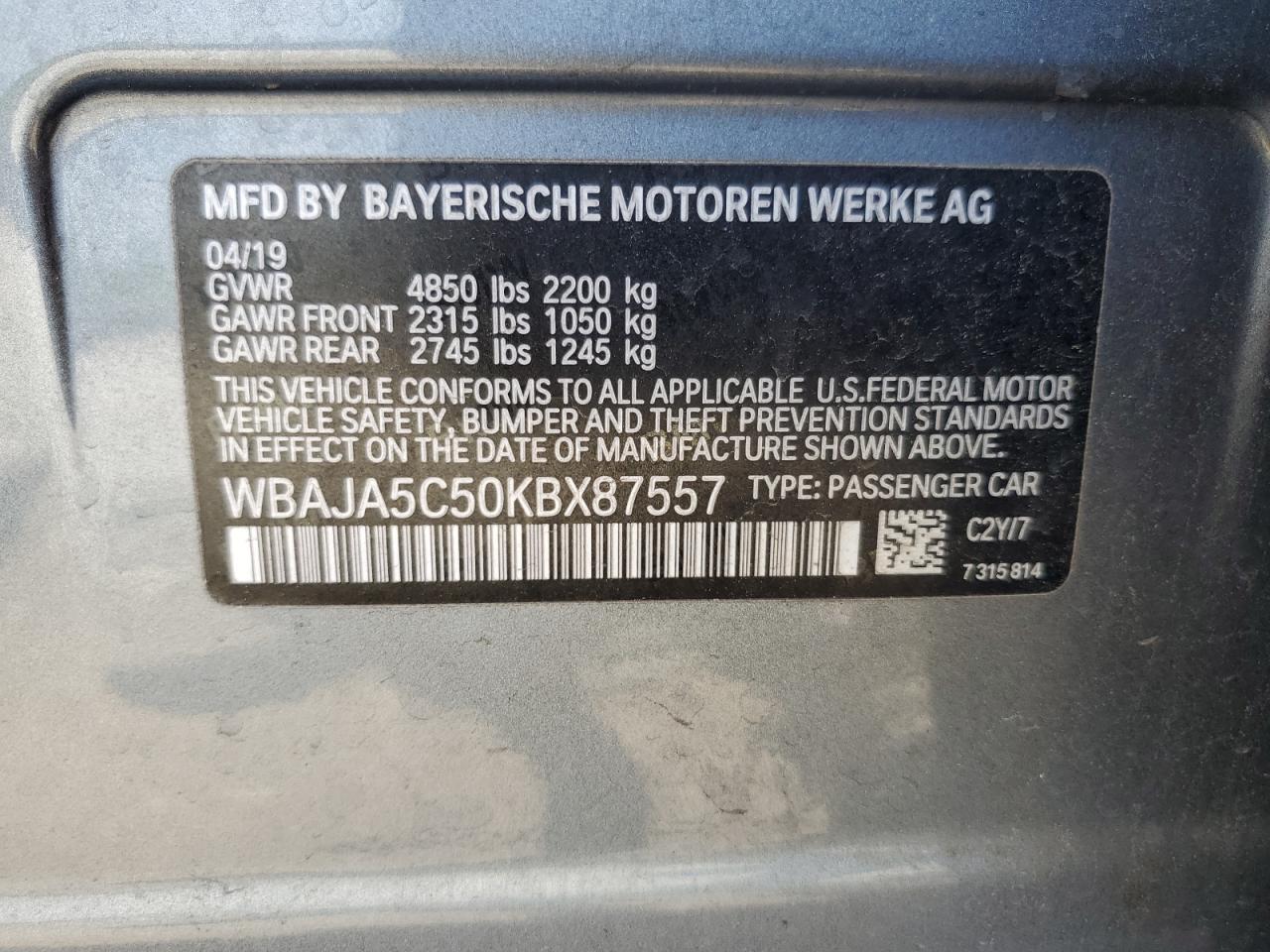 WBAJA5C50KBX87557 2019 BMW 530 I