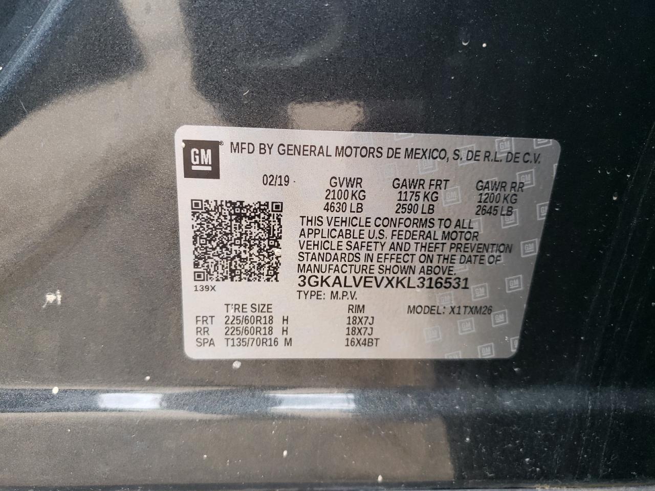 3GKALVEVXKL316531 2019 GMC Terrain Slt