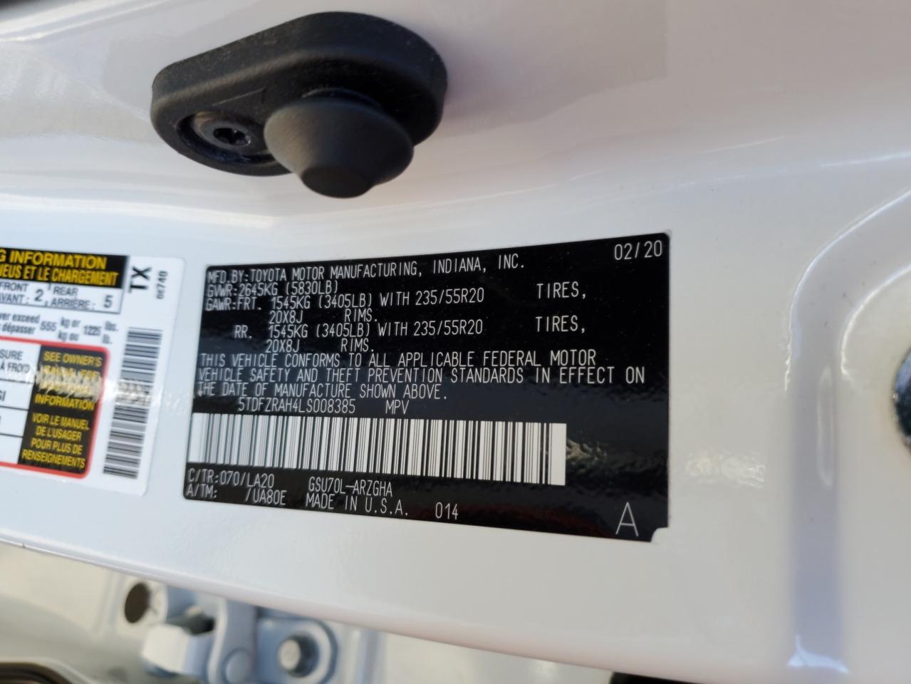 5TDFZRAH4LS008385 2020 Toyota Highlander Platinum