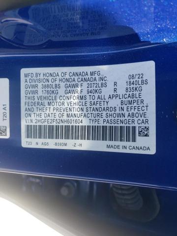 2HGFE2F52NH601604 2022 HONDA CIVIC - Image 12