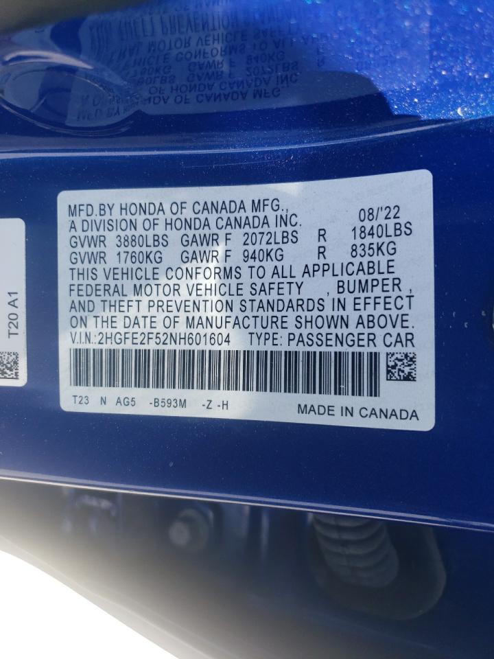 2HGFE2F52NH601604 2022 Honda Civic Sport 2HGFE2F52NH601604 2022 Honda Civic Sport