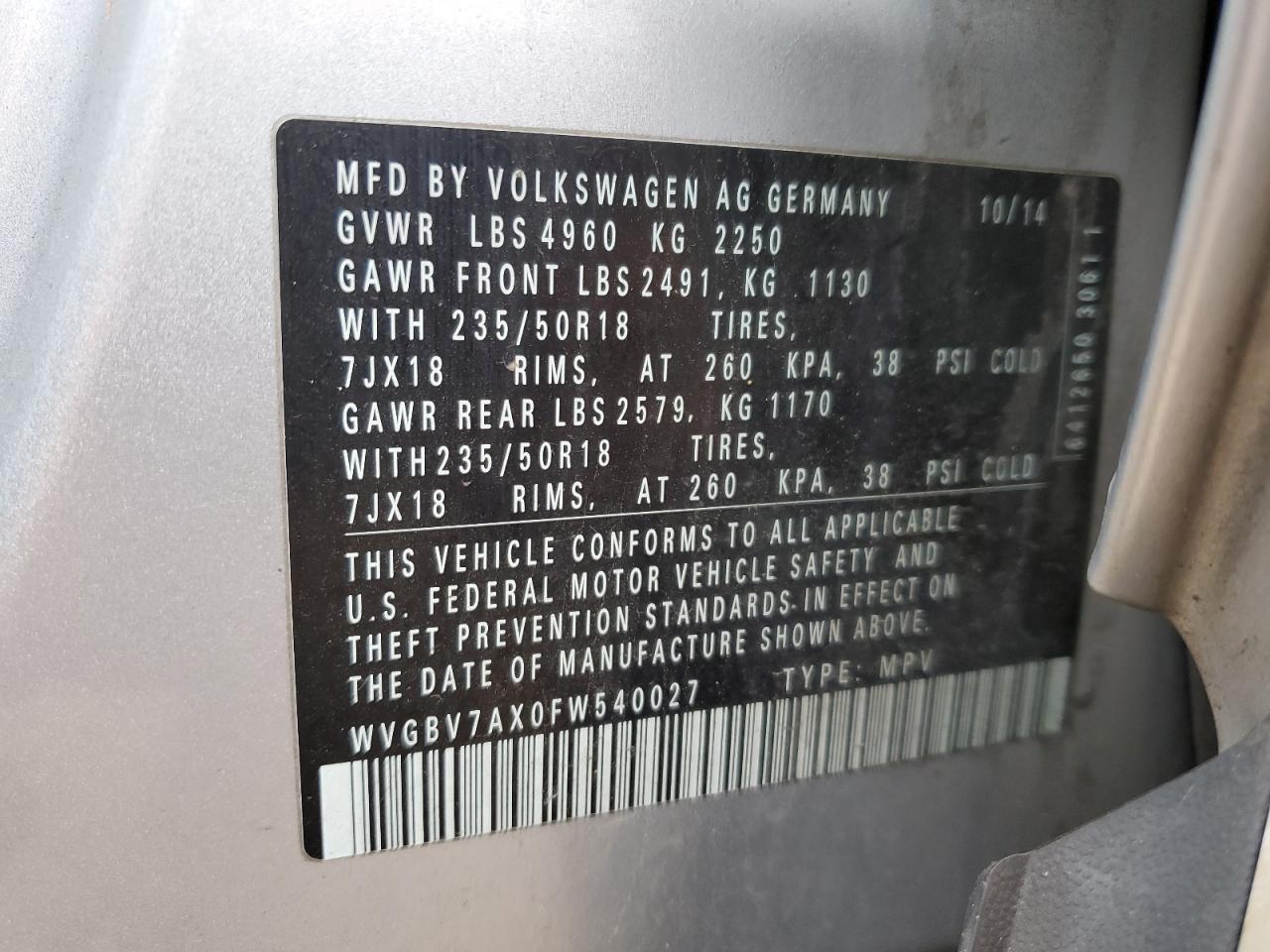 WVGBV7AX0FW540027 2015 Volkswagen Tiguan S