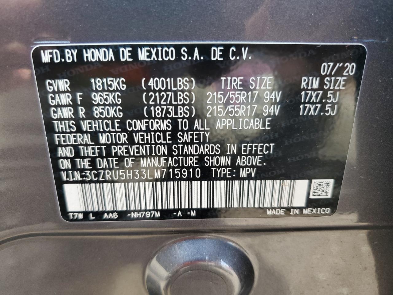 3CZRU5H33LM715910 2020 Honda Hr-V Lx