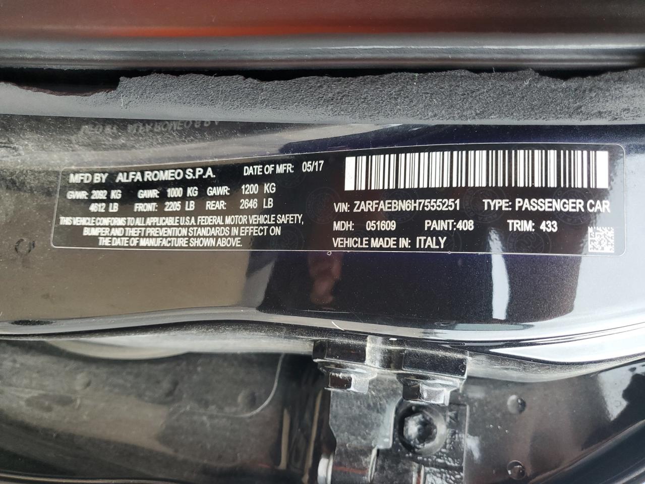 ZARFAEBN6H7555251 2017 Alfa Romeo Giulia