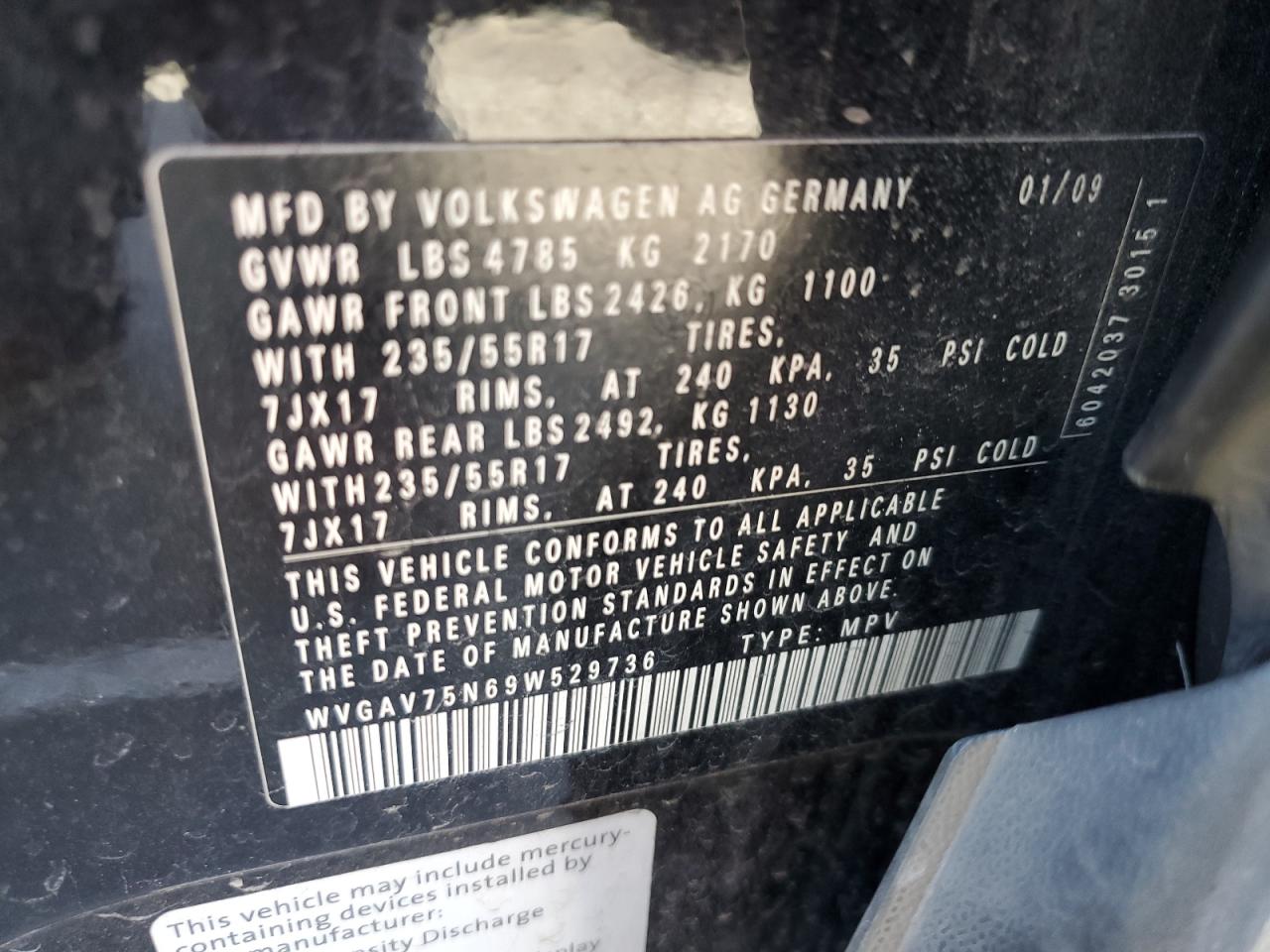 WVGAV75N69W529736 2009 Volkswagen Tiguan S