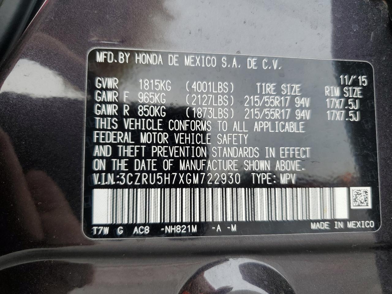 3CZRU5H7XGM722930 2016 Honda Hr-V Exl