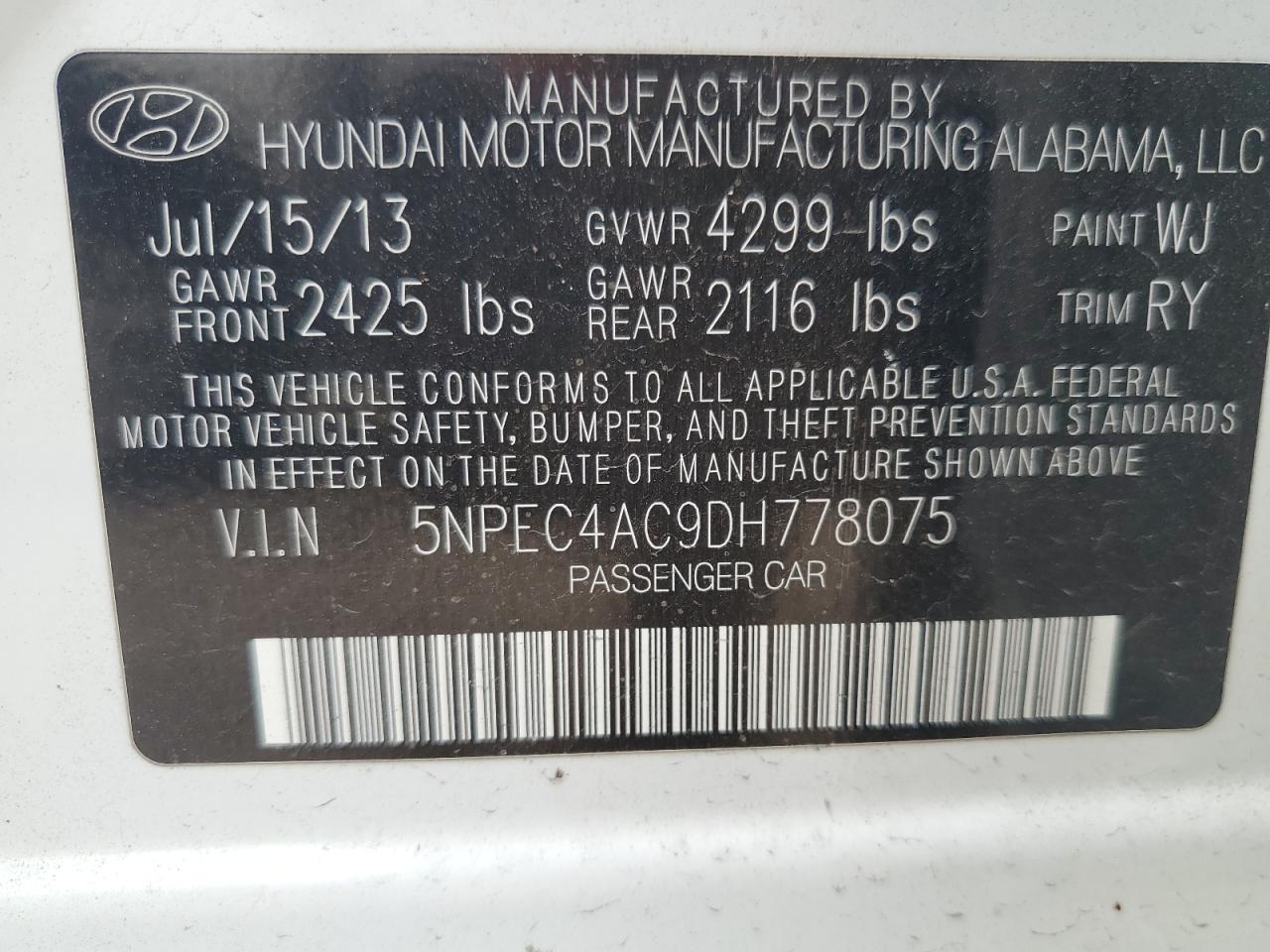 5NPEC4AC9DH778075 2013 Hyundai Sonata Se