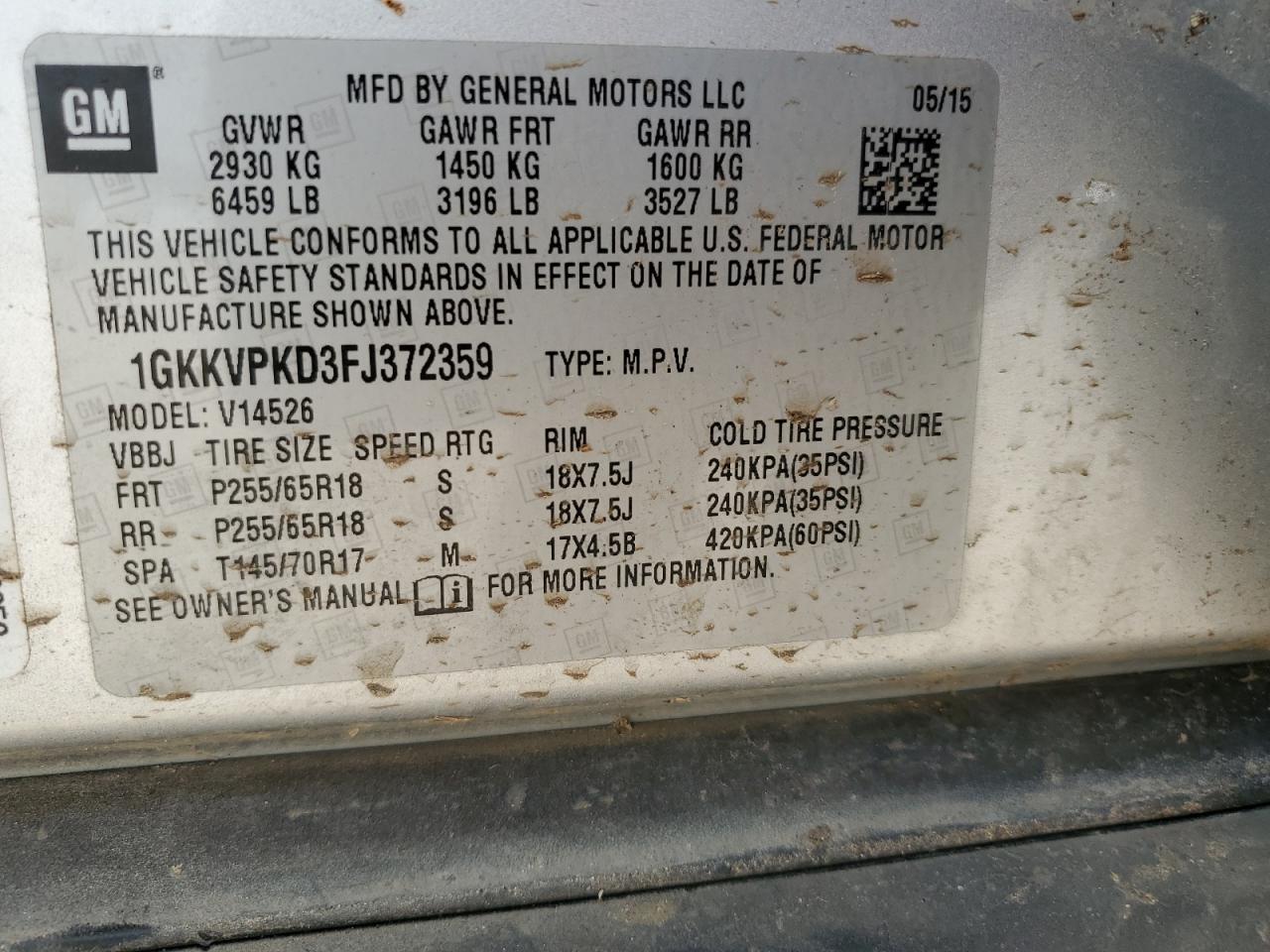 1GKKVPKD3FJ372359 2015 GMC Acadia Sle