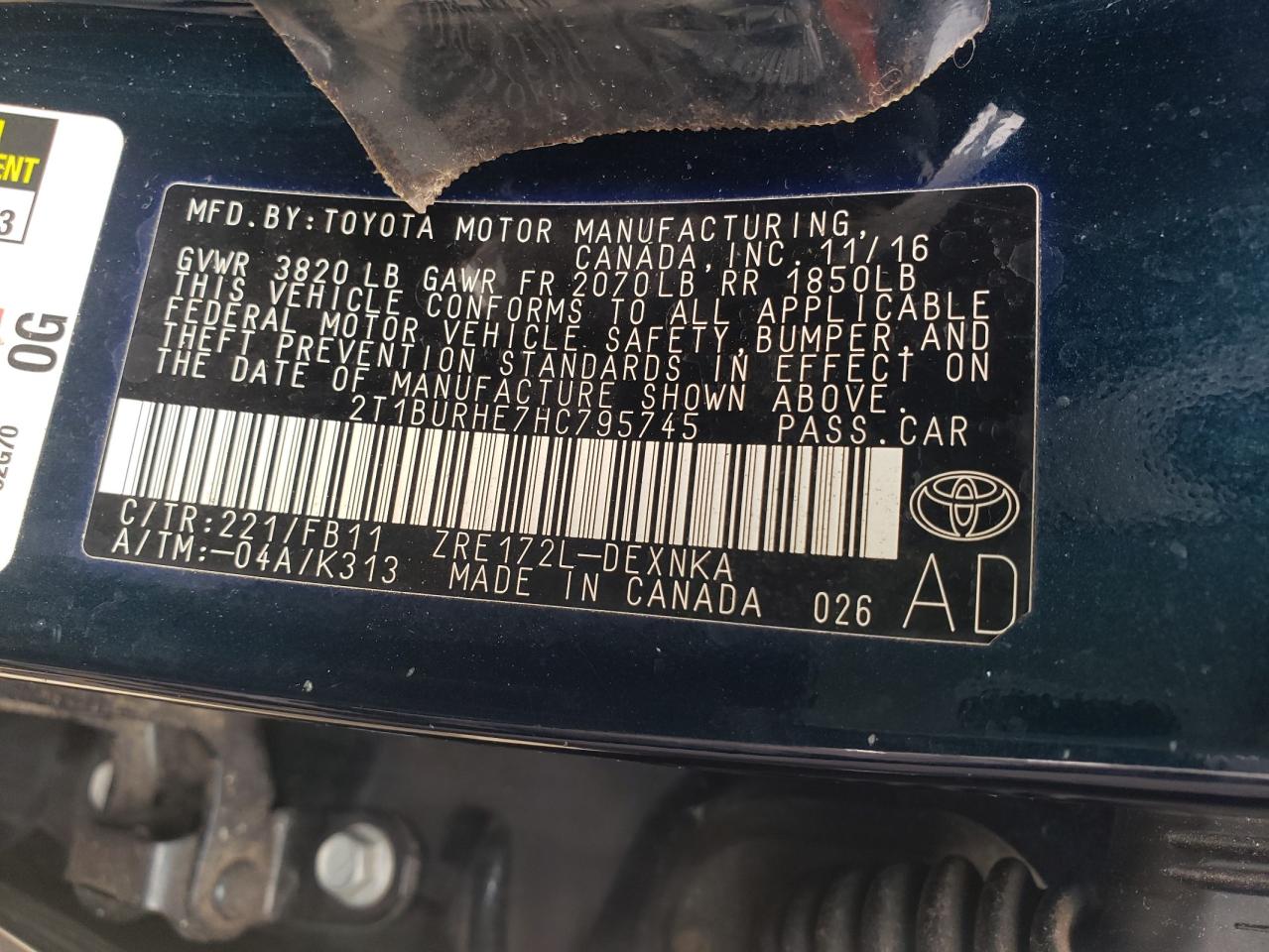 2T1BURHE7HC795745 2017 Toyota Corolla L