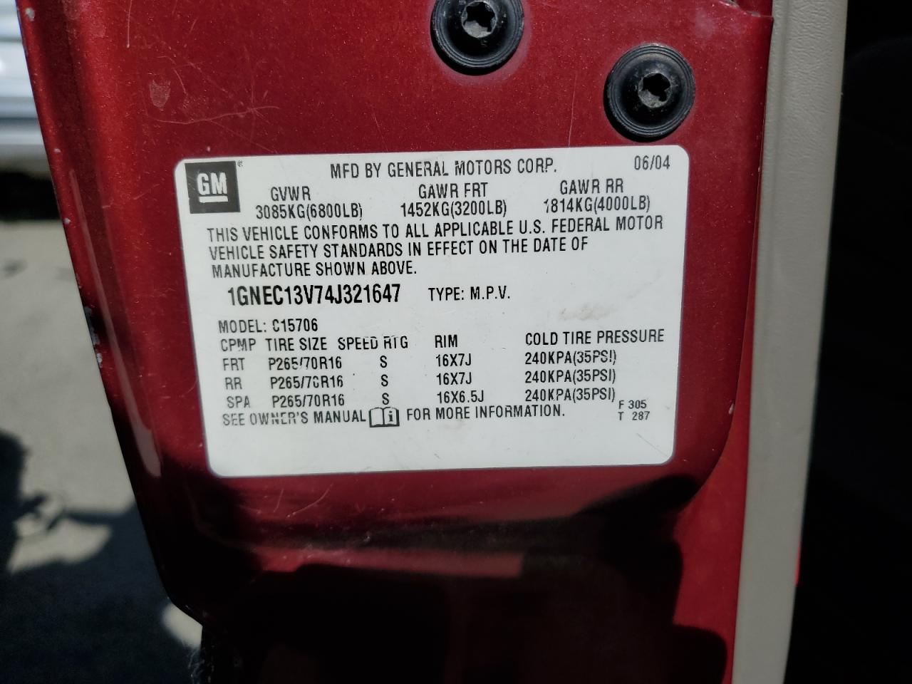 1GNEC13V74J321647 2004 Chevrolet Tahoe C1500