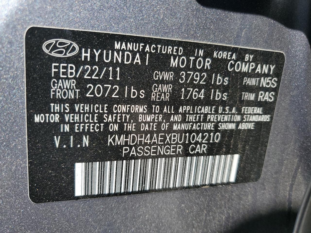 KMHDH4AEXBU104210 2011 Hyundai Elantra Gls