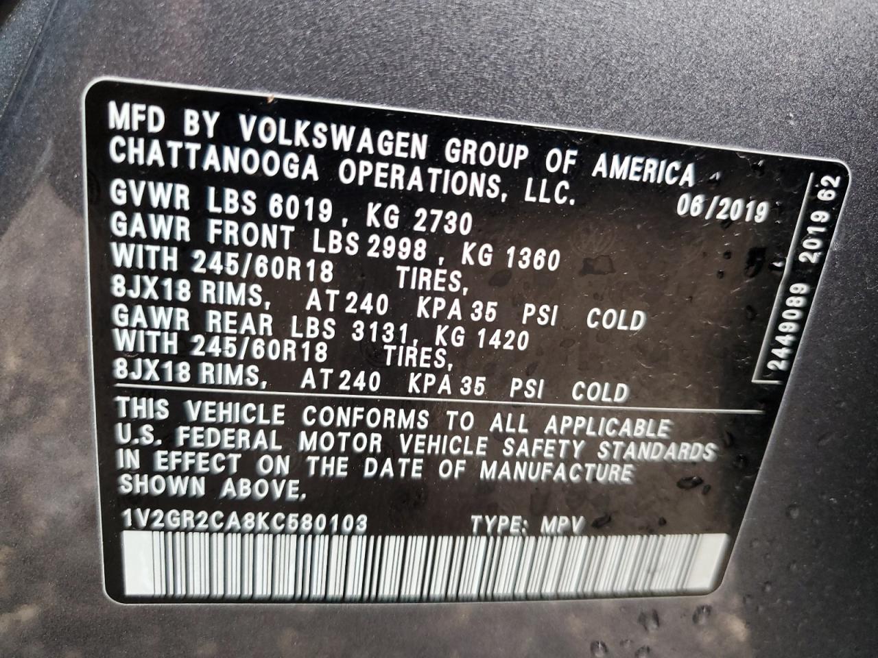 1V2GR2CA8KC580103 2019 Volkswagen Atlas S