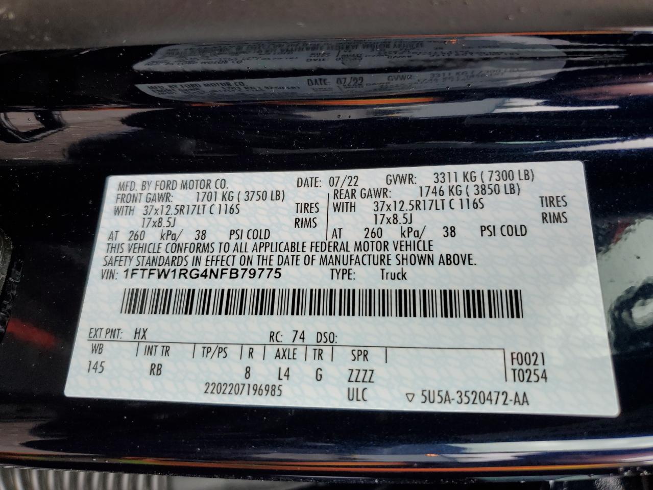 1FTFW1RG4NFB79775 2022 Ford F150 Raptor