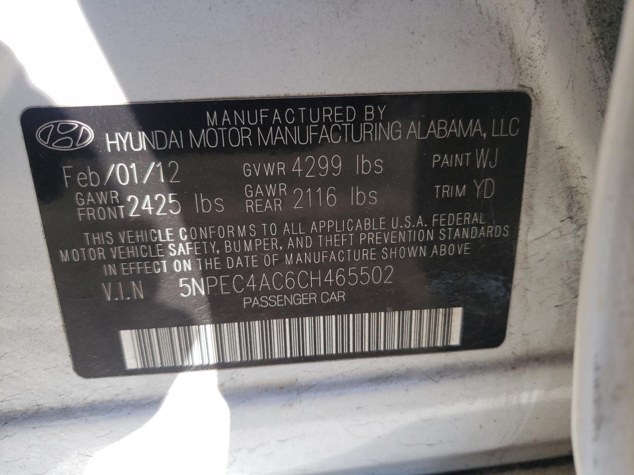 5NPEC4AC6CH465502 2012 Hyundai Sonata Se