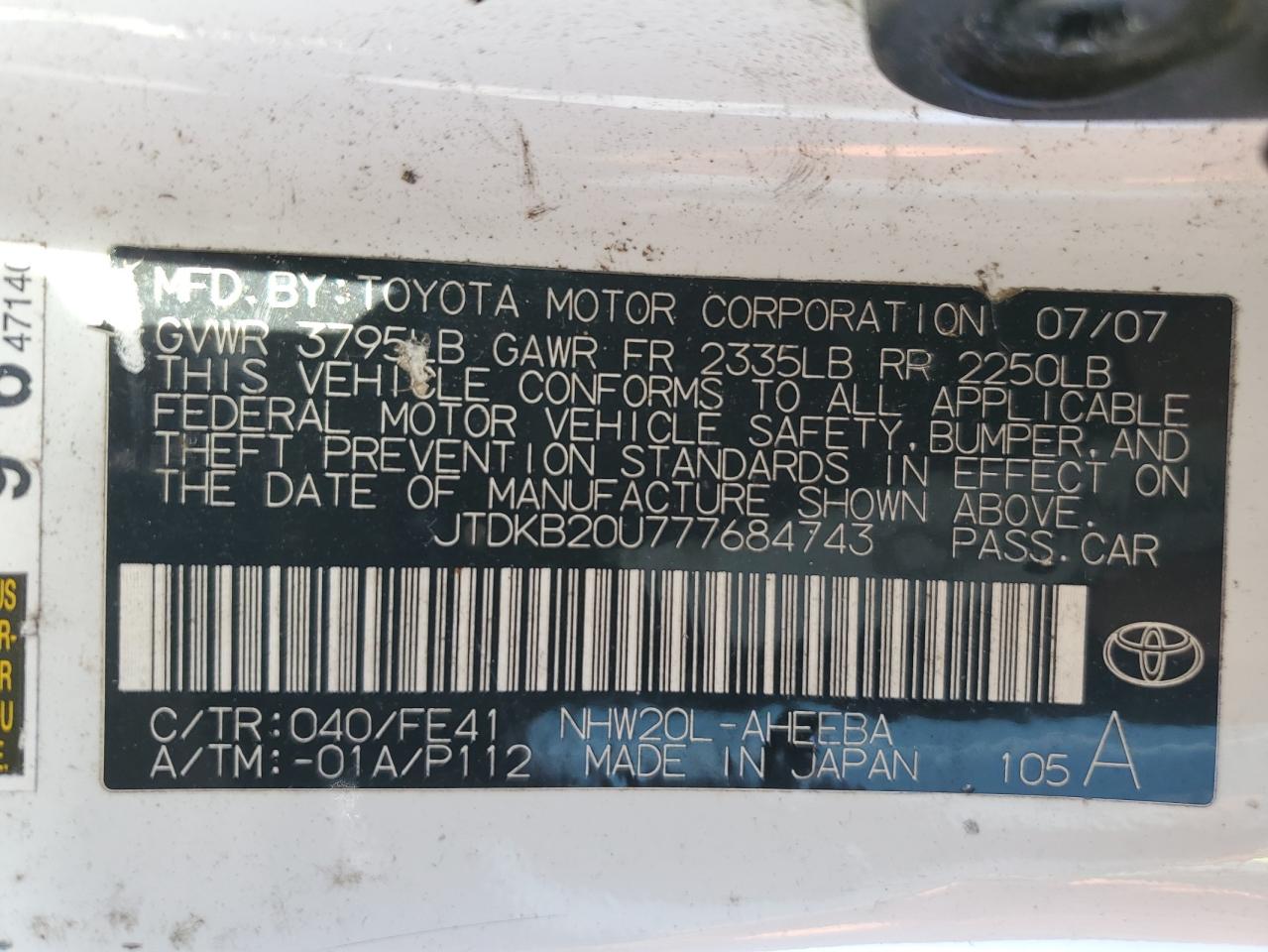 JTDKB20U777684743 2007 Toyota Prius