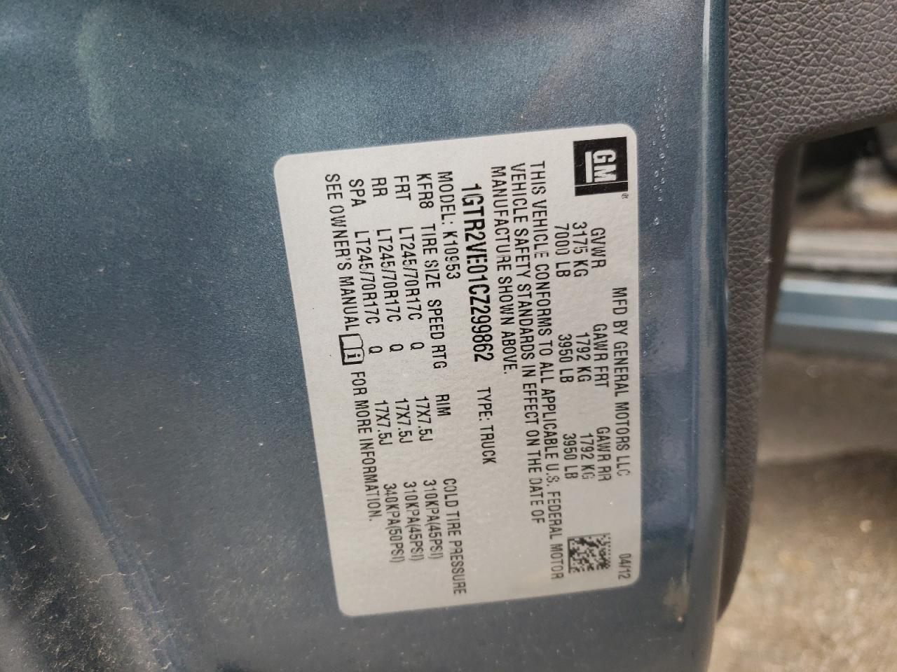 1GTR2VE01CZ299862 2012 GMC Sierra K1500 Sle