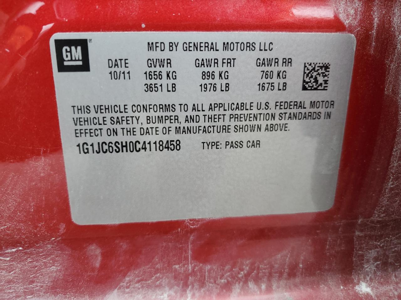 1G1JC6SH0C4118458 2012 Chevrolet Sonic Lt