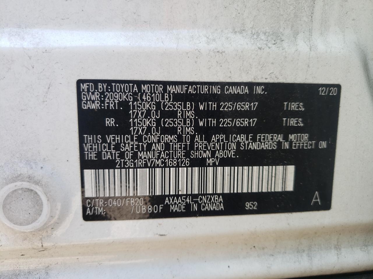 2T3G1RFV7MC168126 2021 Toyota Rav4 Le