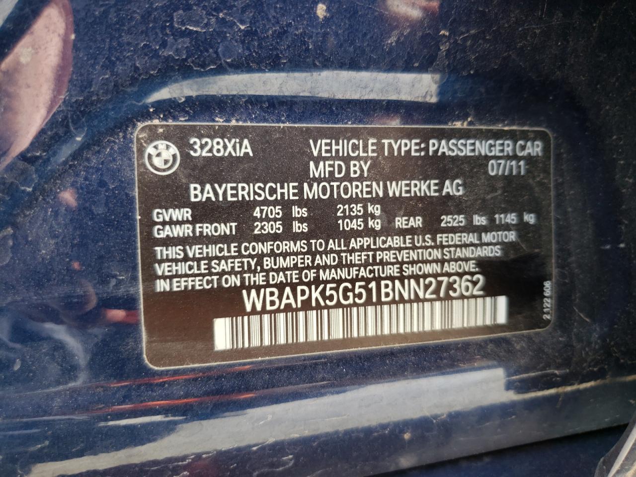 WBAPK5G51BNN27362 2011 BMW 328 Xi Sulev