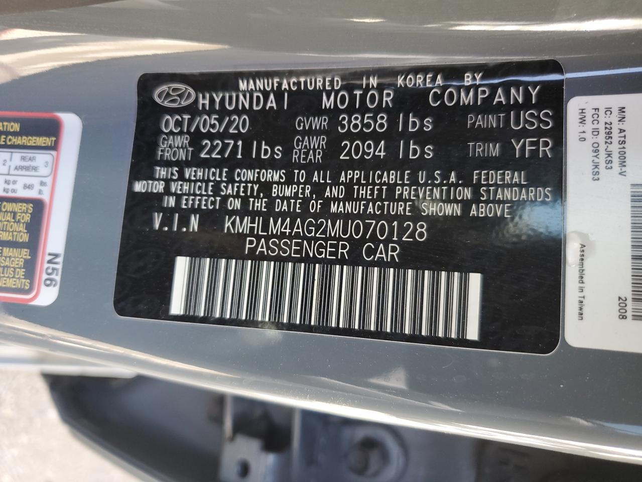 2021 Hyundai Elantra Sel vin: KMHLM4AG2MU070128