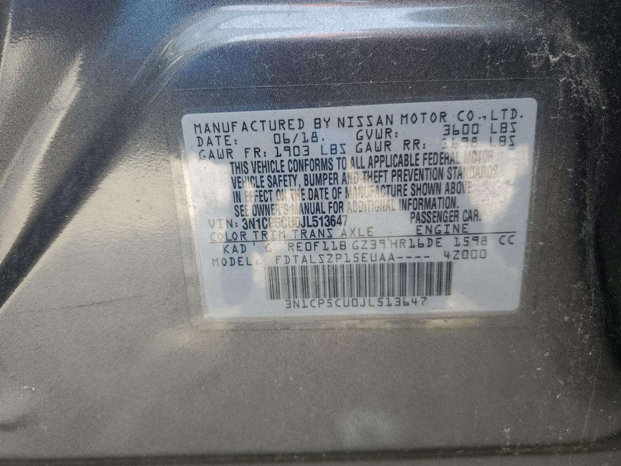 3N1CP5CU0JL513647 2018 Nissan Kicks S