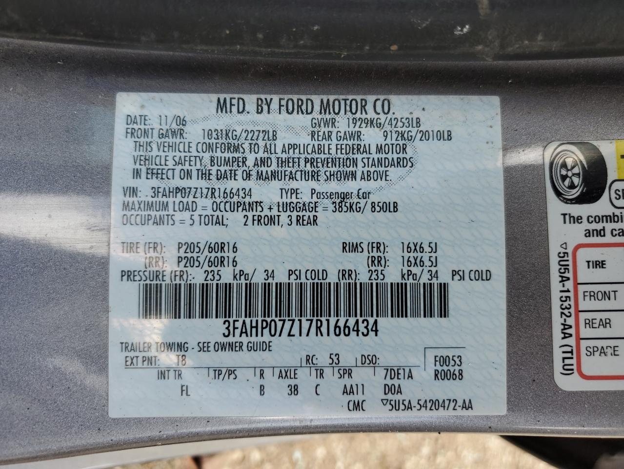 3FAHP07Z17R166434 2007 Ford Fusion Se