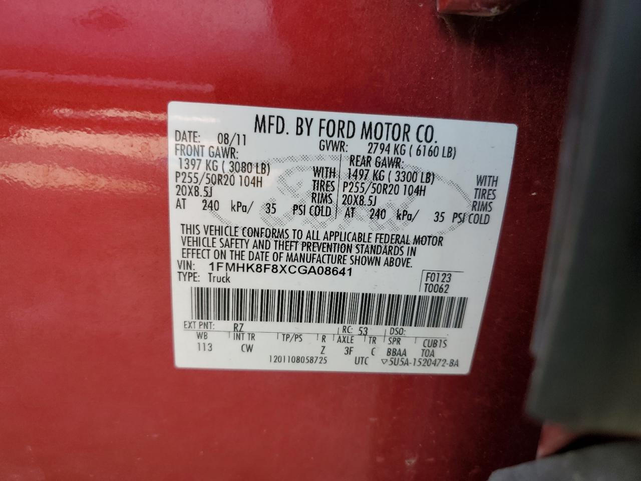 1FMHK8F8XCGA08641 2012 Ford Explorer Limited